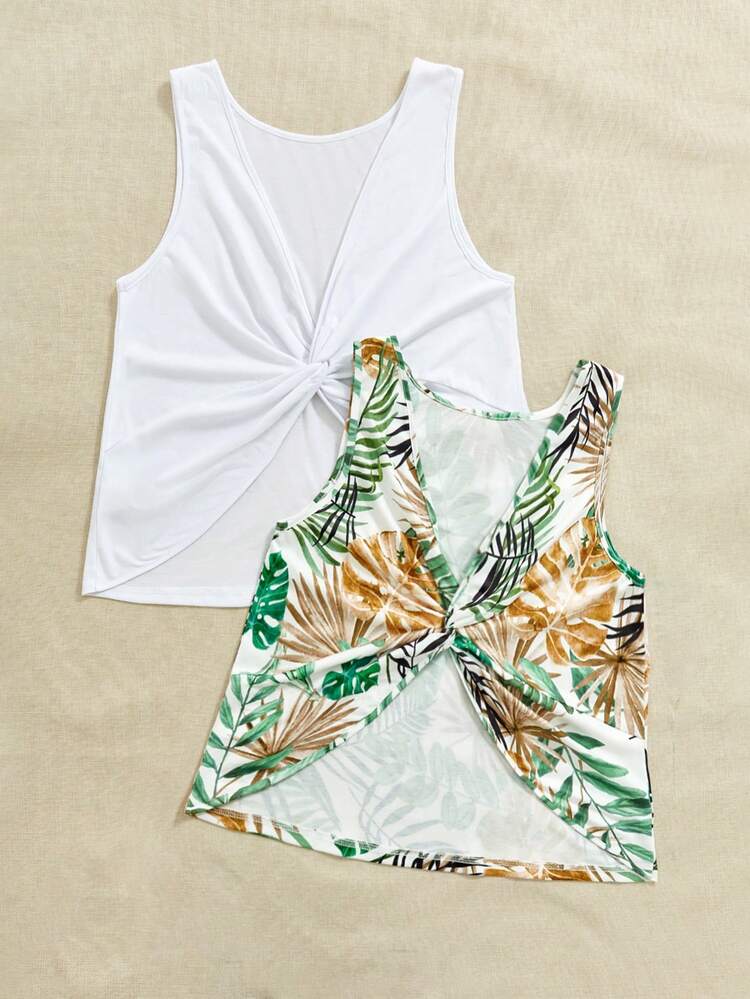 Plus Size Solid Color Heating Belt & Printed Twist Knot Tank Top 2pcs/Set