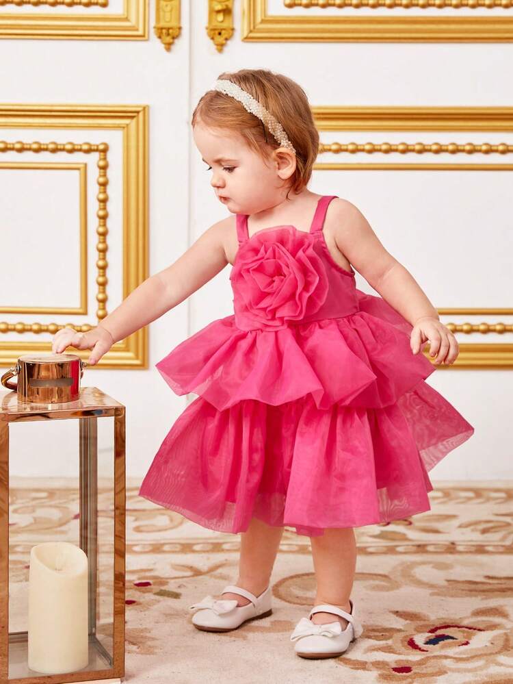 Baby Girls' Elegant 3d Flower Organza Spaghetti Straps Dress