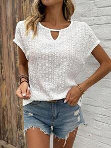 SHEIN LUNE Camiseta De Manga Corta Estilo Murciélago De Cuello En Forma De Cerradura - Blanco - Ver 6