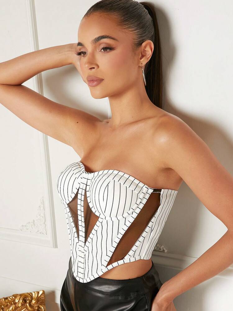 Striped Sheer Panel Bustier Top