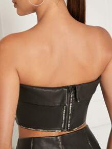 Hauture Zipped Leather Tube Top And Skirt Two Pieces Set - Black - View 3