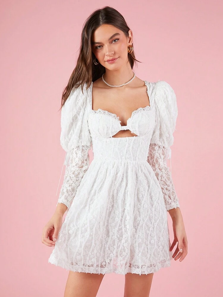 Women's Lace Mesh Puff Sleeve Dress