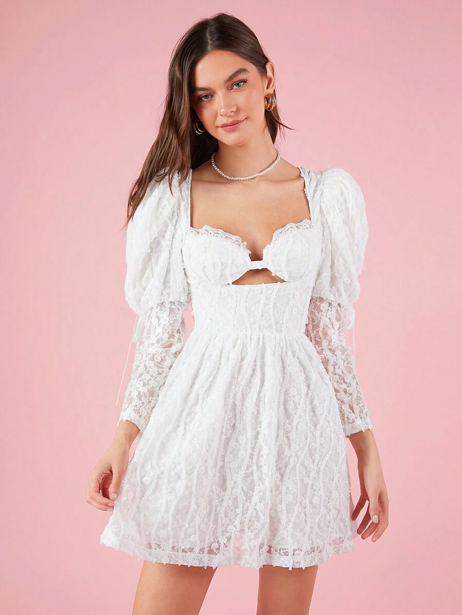 Enchnt Women's Lace Mesh Puff Sleeve Dress