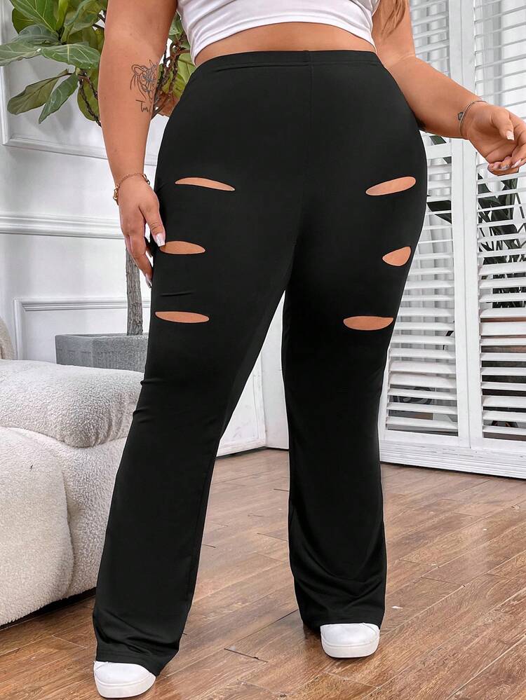 Plus Size Distressed Flared Pants Fall Cloth For Women