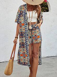 SHEIN LUNE Women's Floral Print Open Front Jacket And Shorts Set - Navy Blue - View 6