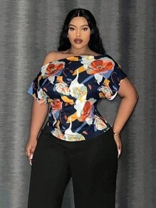 Slaydiva 優雅通勤不對稱領短袖上衣和寬腿褲女裝大碼2件套裝，大花圖案 - 彩色 - 查看 2