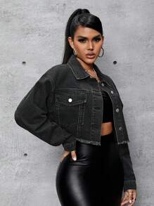 SHEIN SXY Flap Detail And Frayed Hem Decorated Denim Jacket
