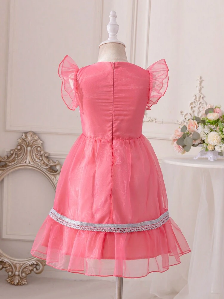 Young Girl Round Neck Mesh Dress With Ruffle And Glitter Sequin Detail