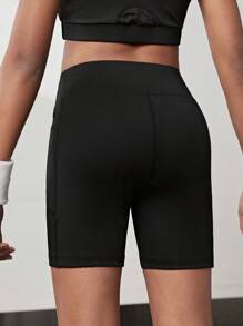 SHEIN Solid Color Pocket Design Running Shorts For Tween Girls - Black - View 2