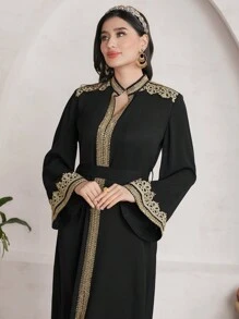 Al Najma 女款拼布編織腰帶長袖土耳其束腰外衣 - 黑色 - 查看 7