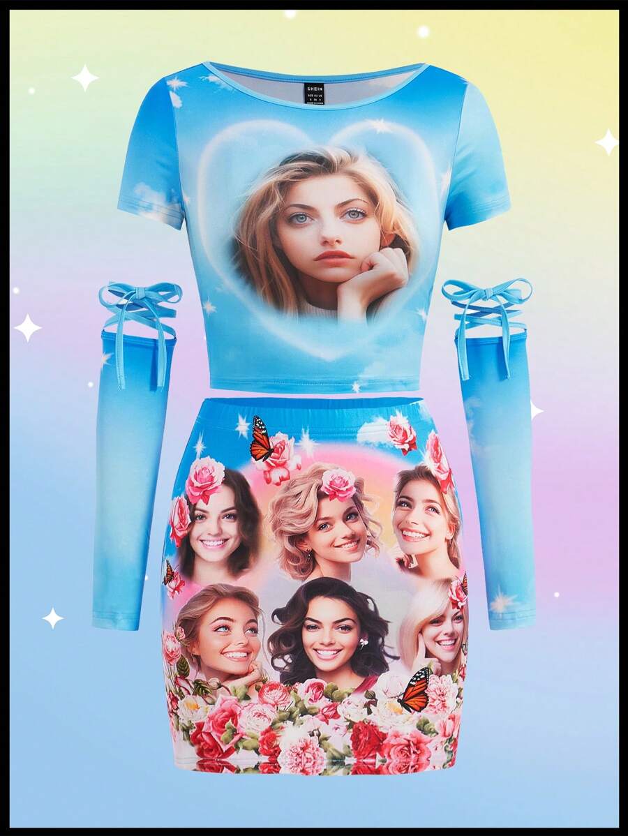 SHEINNeu Kidcore Dopamine 搞笑角色真實印花女士兩件套裝 - 彩色 - 查看 1