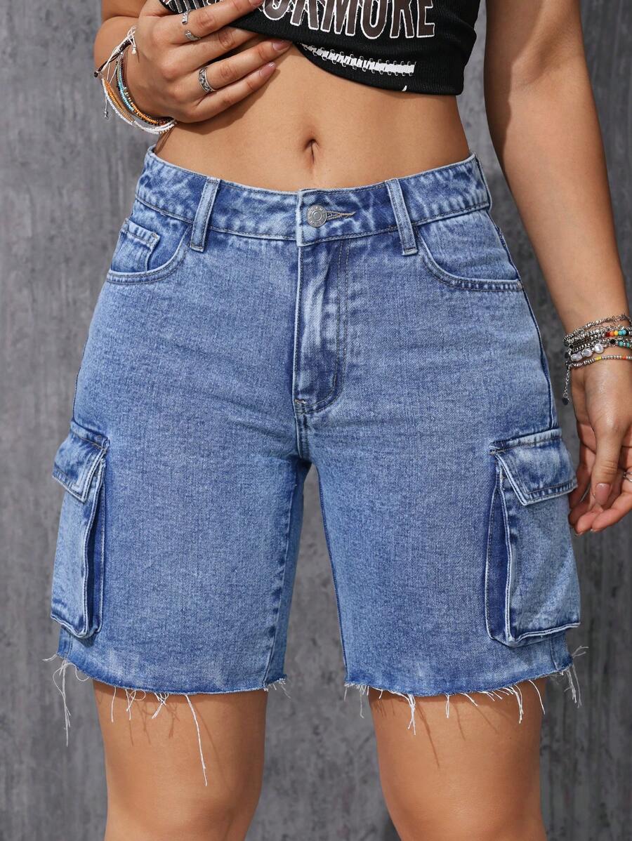 SHEIN EZwear 女式水洗邊緣裝潢工裝牛仔短褲 - 中等水洗藍 - 查看 1