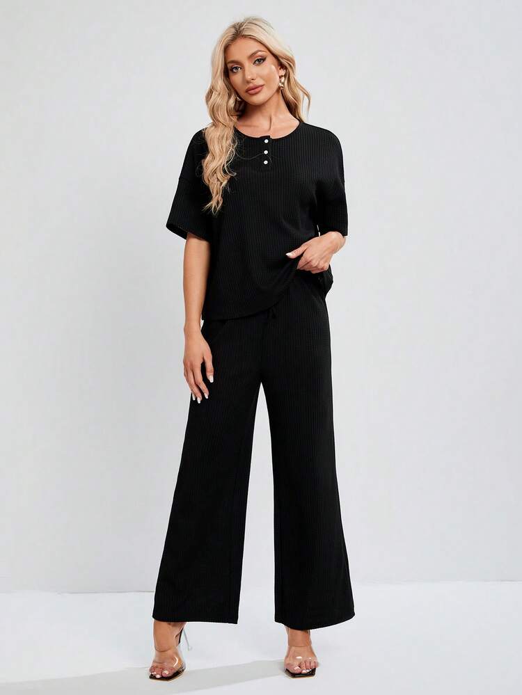 Women's Solid Color Ribbed Knit Two-Piece Set