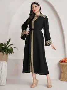 Al Najma 女款拼布編織腰帶長袖土耳其束腰外衣 - 黑色 - 查看 8