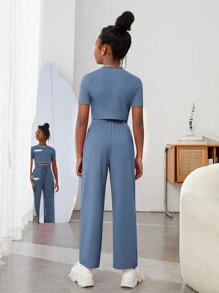 SHEIN 少女連身套裝：針織字母印花短袖上衣+寬鬆運動長褲套裝 - 霧霾藍 - 查看 2