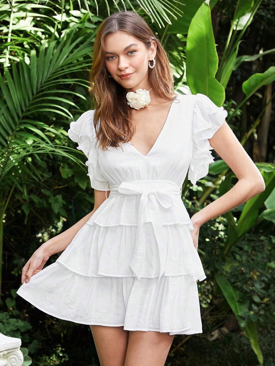 Enchnt Màu thuần Cổ chữ V Viền Ruffle Trang trí Váy chữ A - trắng - Xem 1