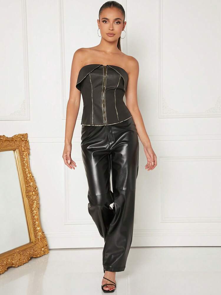 Women Leather Zipped Tube Tank Top