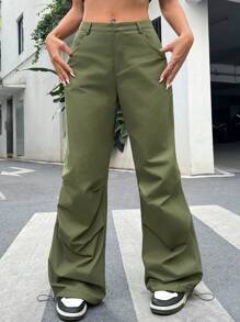SHEIN EZwear Pantalón Verde De Pierna Ancha Tejido Con Bolsillos Inclinados Y Un Estilo Relajado - Verde - Ver 3