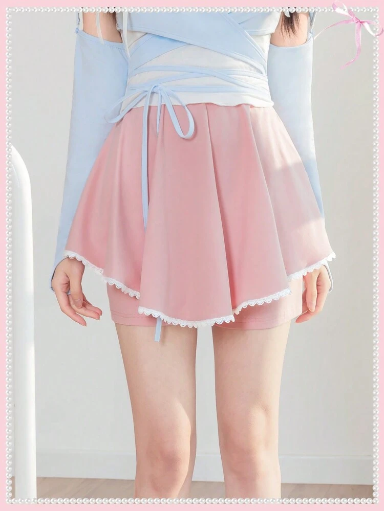 Balletcore Bow Kawaii  Pink White Lace Trim  Skort