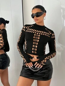 SHEIN ICON 不对称烧花 & 镂空黑色 T 恤 - 黑色 - 查看 3