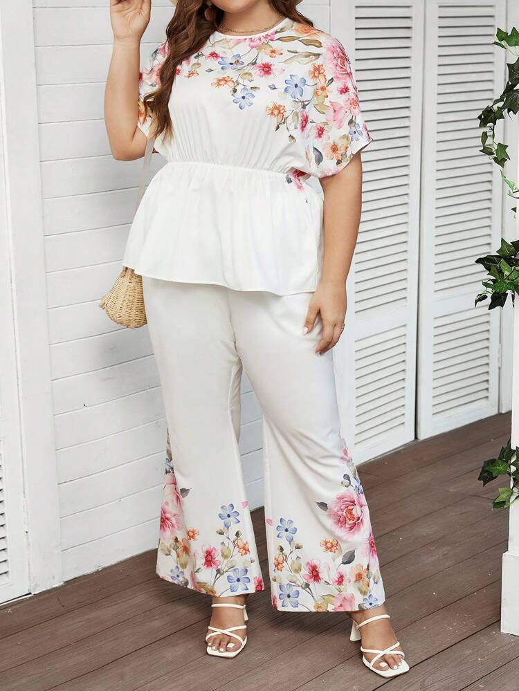 Plus Size Floral Print Two Pieces Set