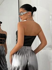 SHEIN ICON Top De Poliuretano Con Corsé Negro Sin Tirantes Y Diseño De Cintura - Negro - Ver 2