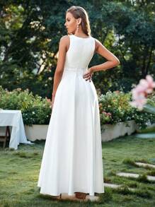 女士婚纱无袖缎面婚礼宾客礼服，搭配透明网眼撞色白色优雅新娘礼服，新娘