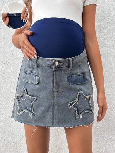 SHEIN Graviditetskläder Denim Minikjol Med Stjärna Lapp