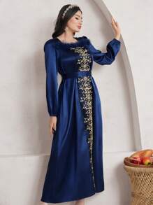 Al Najma Women's Embroidery Detail Patchwork Dress, Modest - Royal Blue - View 4