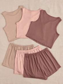 Set de 3 piezas de pijama con top de tirantes de cuello redondo y shorts de unicolor - Multicolor - Ver 2