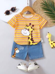 Baby Boy Striped Cartoon Giraffe T-Shirt+Printed Denim Shorts - Multicolor - View 1
