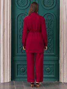 EURMUSE Elegant Commuter Rhinestone Bow Decor Drawstring Waist Shirt & Pants Set - Burgundy - View 2