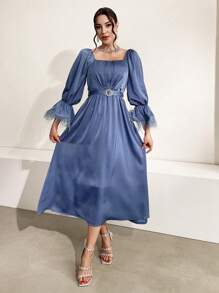 Modelyn 女士毛茸茸袖口鈴袖方領裙 - 藍色 - 查看 8