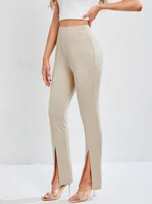 SHEIN Tall Pantalones Largos Con Cintura Alta Y Abertura En El Dobladillo - Caqui - Ver 2