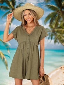 SHEIN VCAY 夏季女士蝙蝠袖連體褲 - 軍綠色 - 查看 1