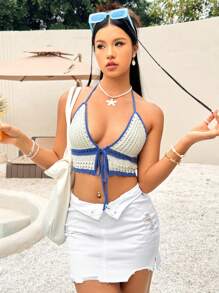 Soleia Holiday Blue & White Color Blocking Halterneck Knitted Top - Blue and White - View 1