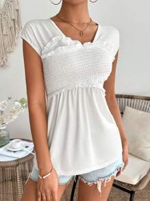 Chiquease Solid Color Round Neck T-Shirt With Shirred Frill Trim - White - View 3