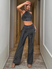 RueChic Women's Shiny Halter Top And Pants Set - Black - View 4