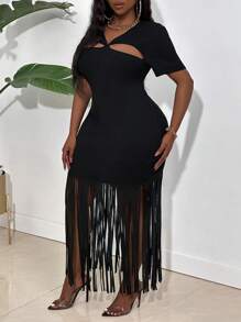 Slaydiva Kích thước lớn Viền tua Vá lại Xu hướng: Cắt giảm Đầm - màu đen - Xem 5