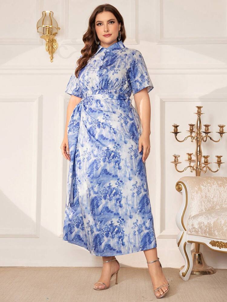 Plus Size Tie-Dye Printed Wrap Belted Dress