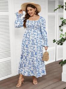 Mulvari Plus Size Women's Floral Printed Dress With Ruffled Hem - Multicolor - View 6