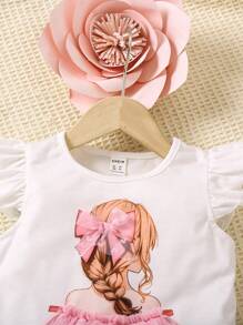 SHEIN Genkimix Kids Young Girl Cartoon Character Print Mesh Splice Cap Sleeve Top And Heart Mesh Skirt Two-Piece Set - Multicolor - View 3