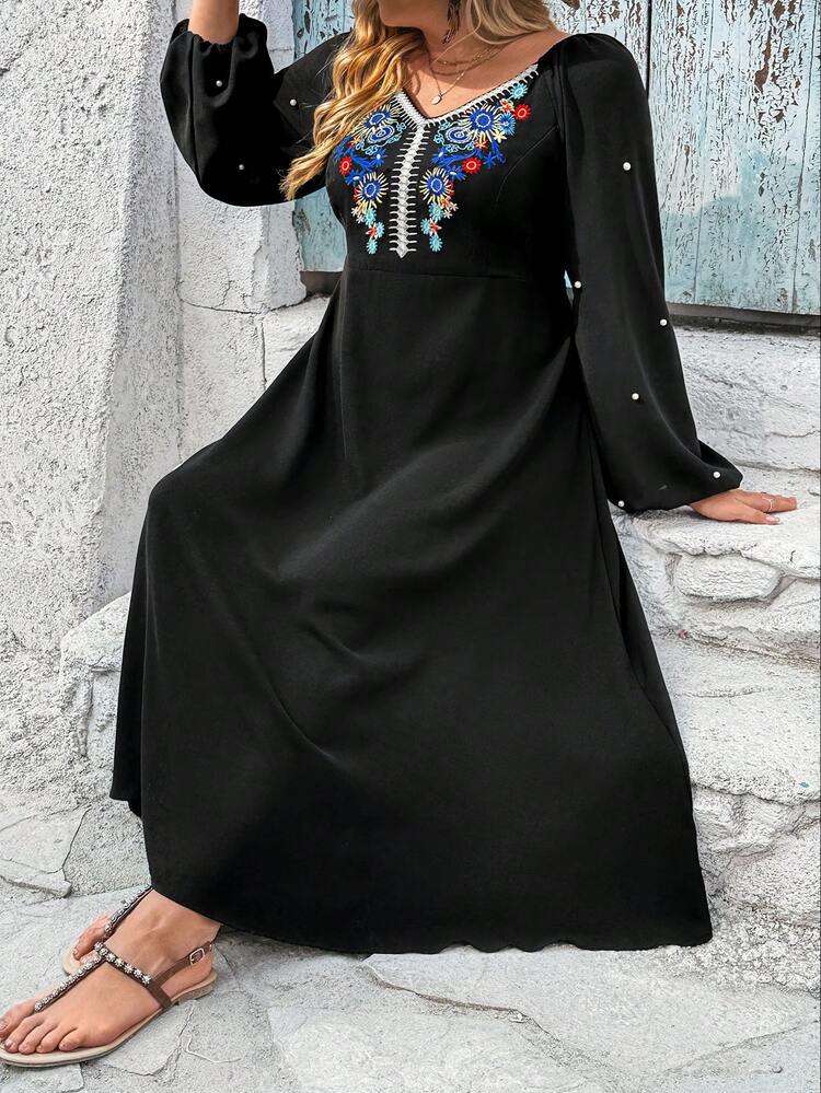 Plus Size Floral Pattern Pearl Beaded Bodycon Dress