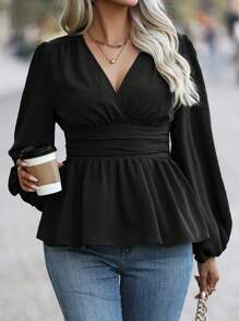 Vionelle Plus Surplice Neck Lantern Sleeve Ruched Waist Peplum Top Peplum Top Fall Cloth For Women - Black - View 1