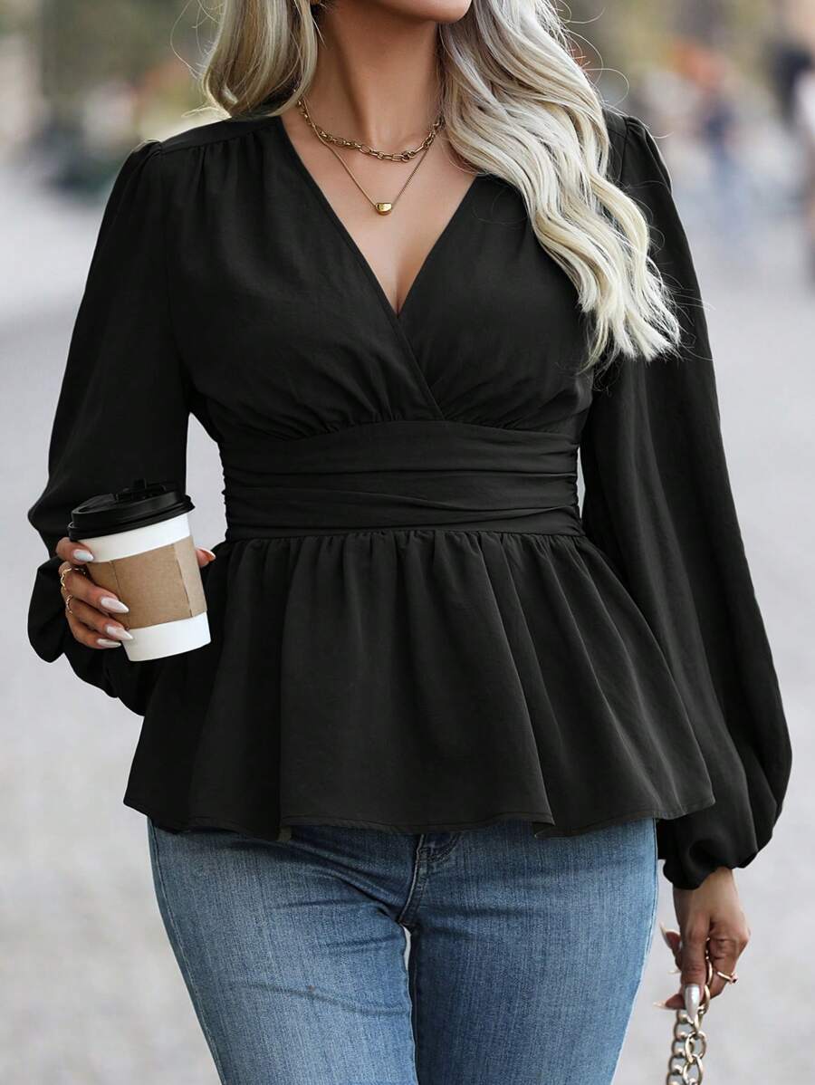 Vionelle Plus Surplice Neck Lantern Sleeve Ruched Waist Peplum Top Peplum Top Fall Cloth For Women - Black - View 1