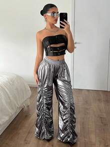 SHEIN ICON Top De Poliuretano Con Corsé Negro Sin Tirantes Y Diseño De Cintura - Negro - Ver 6