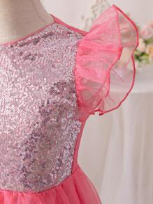 SHEIN Vestido De Malla De Cuello Redondo Para Niña Con Volantes Y Detalles De Lentejuelas Brillantes