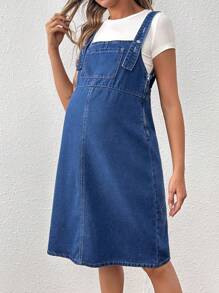 SHEIN Loose Fit Maternity Denim Dress With Pockets - Dark Wash - View 4