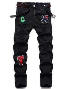 Men Letter Patch Detail Ripped Jeans Without Belt - Black - View 1