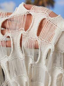 Chiquease Women's Round Neck Hollow Out Knit Pullover Fall Winter Sweater - Apricot - View 7